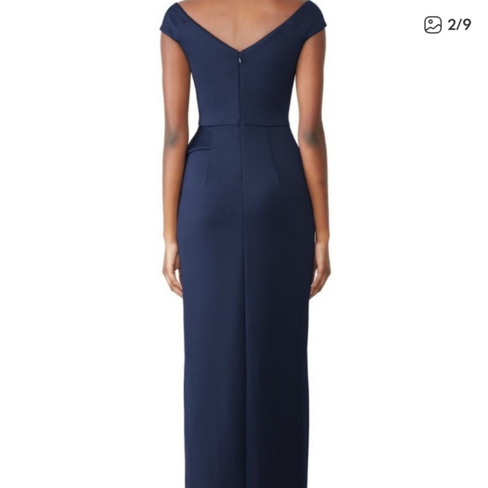 Black Halo Midnight Padma Gown Slit Front Navy Dress with Ruffle Wedding Formal - Picture 3 of 14